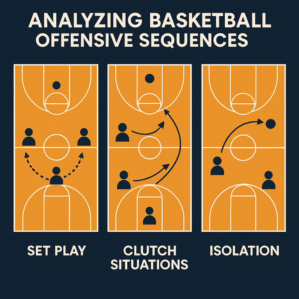 농구 전술 흐름 분석 이미지: 세트플레이, 클러치 전개, 아이솔레이션 전략을 시각화한 전술 인포그래픽