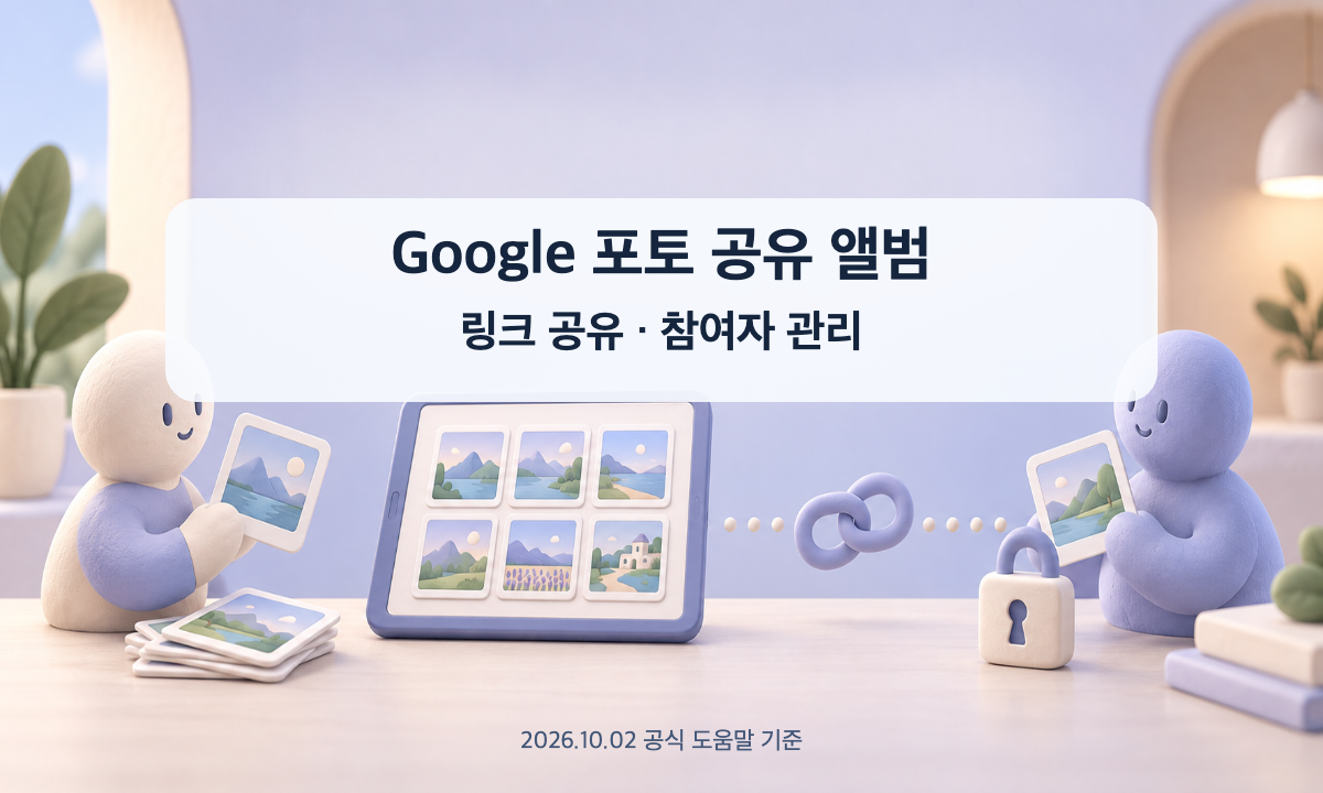 사진 카드와 사용자&middot;잠금장치로 표현한 Google 포토 공유 앨범 권한 관리 삽화