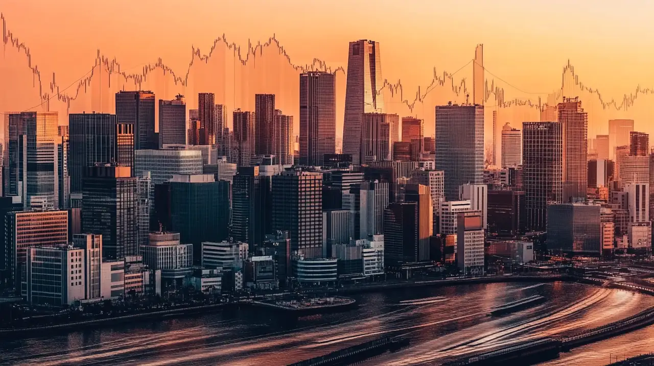 다채로운 도시의 전경이 글로벌 ETF 시장의 역동성을 상징하며 금융의 활기와 상호 연결된 경향을 자연광 아래에서 반영합니다.