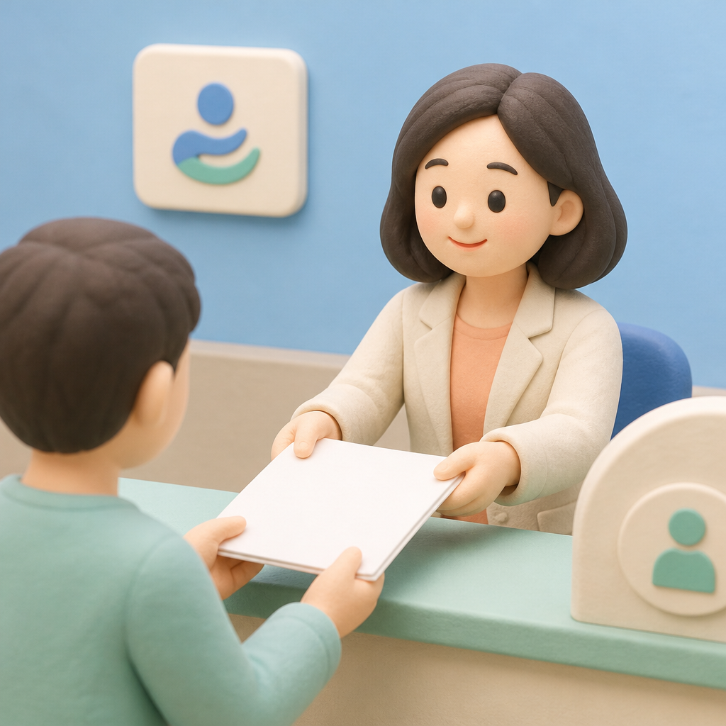 고용센터 상담 창구에서 서류를 내미는 30대 여성