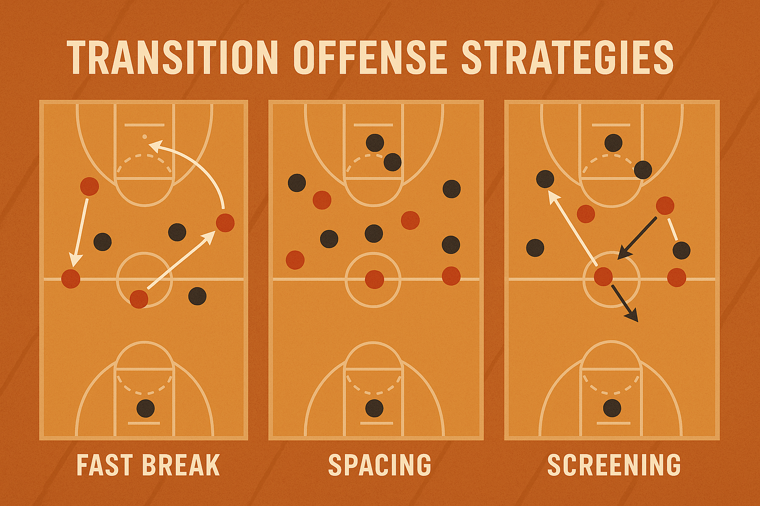 트랜지션 오펜스 전략 인포그래픽: 속공, 공간활용, 스크린을 통한 공격 전개를 코트 다이어그램으로 설명한 이미지