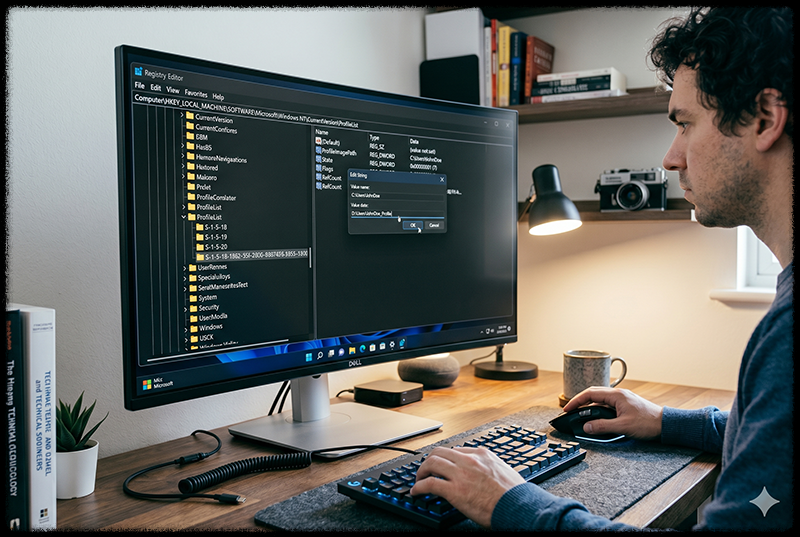 레지스트리 편집기에서 사용자 프로필 값을 수정하는 모습