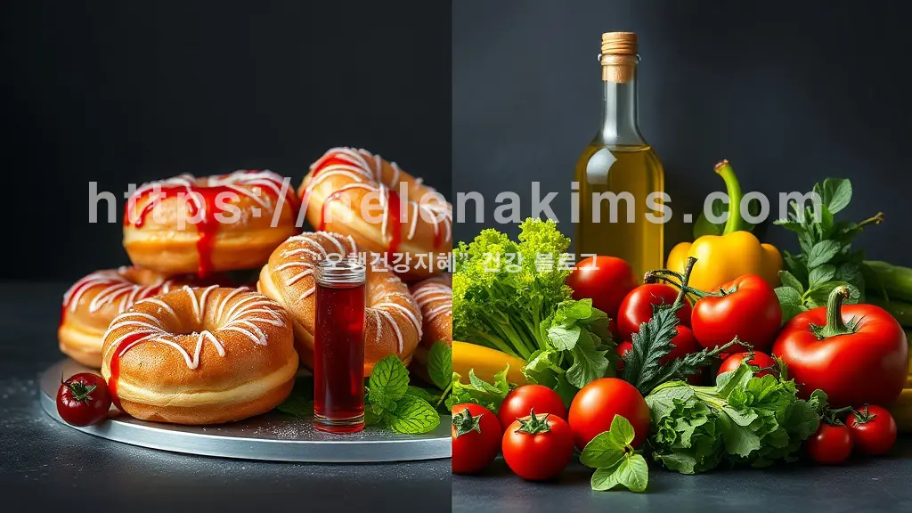 왼쪽에는 트랜스지방이 많은 도넛과 탁해진 혈액.
오른쪽은 싱싱한 채소, 과일, 올리브 오일이 놓인 모습.