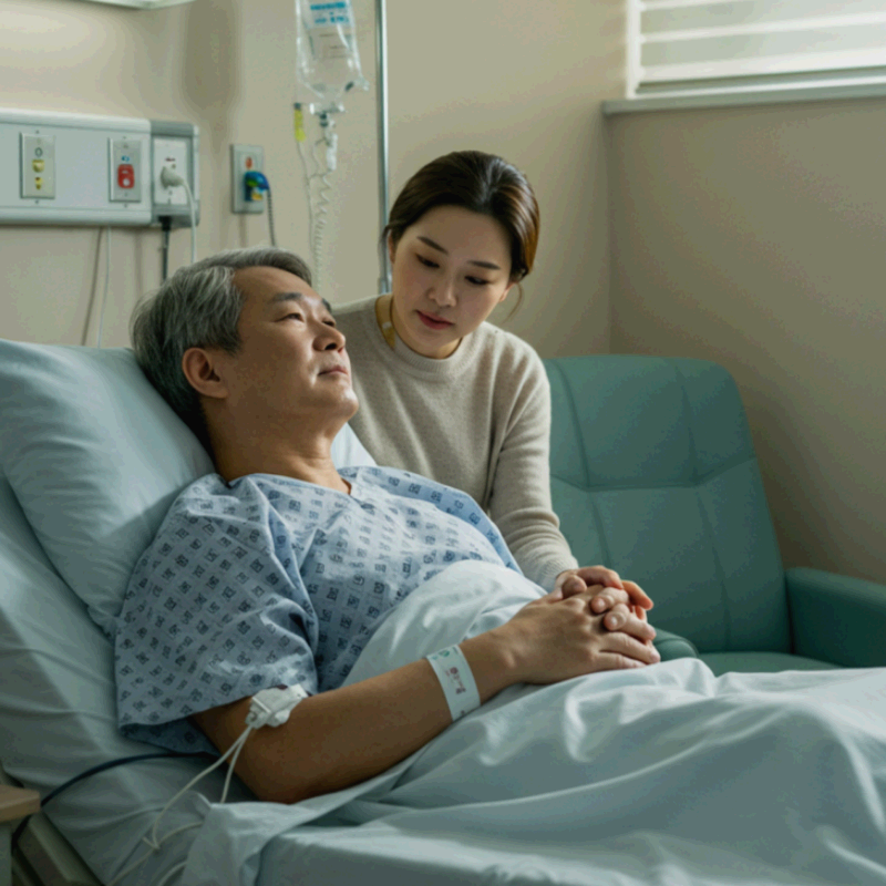 병실 침대에 누워 있는 중년 남성이 환자복을 입고 링거를 맞고 있으며, 그의 곁에는 따뜻한 시선으로 손을 잡고 있는 가족 여성이 함께 있습니다. 창문으로 은은한 빛이 들어오고, 병실은 차분하고 깨끗한 분위기를 보여줍니다. 환자의 안정과 가족의 정서적 지지가 잘 드러나는 장면으로, 건강·의료·가족의 돌봄을 상징하는 이미지입니다.