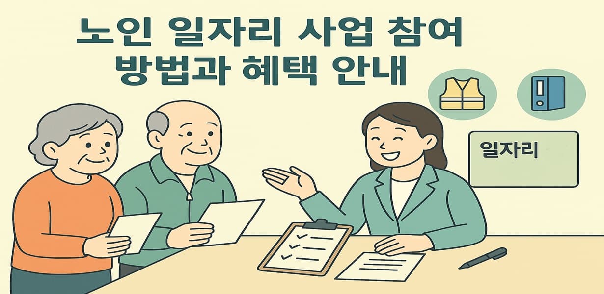 어르신 부부가 노인 일자리 상담 창구에서 참여 신청서를 들고 상담받는 장면 – 체크리스트와 서류가 함께 보임