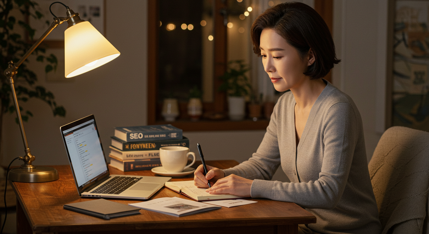 고품질 글을 작성 중인 여성 블로거의 작업 공간