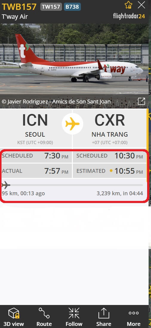 fightradar24-비행기-정보창