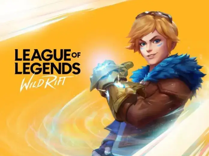 리그 오브 레전드: 와일드리프트 대표 챔피언 이즈리얼 일러스트, 노란 배경과 마법 효과 연출