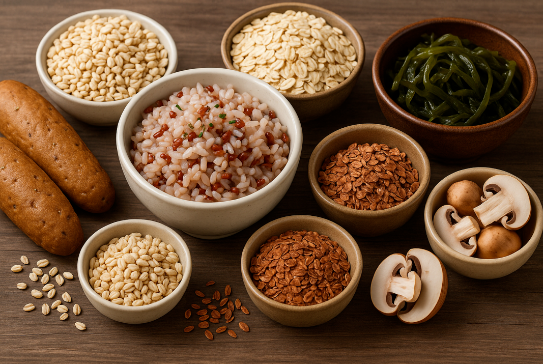 잡곡밥과 귀리, 해조류, 버섯 등 식이섬유가 풍부한 식재료들이 나무 테이블 위에 정갈하게 진열된 모습