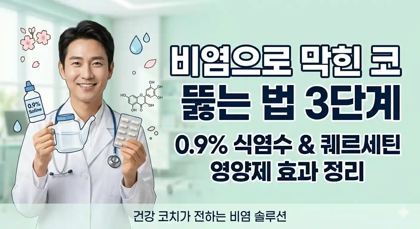 비염으로 막힌 코를 뚫는 법 3단계를 설명. 의사가 0.9% 생리식염수와 퀘르세틴 영양제를 들고 미소 짓고 있으며, 우측에는 '비염으로 막힌 코 뚫는 법 3단계: 0.9% 식염수 &amp; 퀘르세틴 영양제 효과 정리'라는 큰 텍스트와 '건강 코치가 전하는 비염 솔루션'이라는 하단 문구가 포함된 이미지