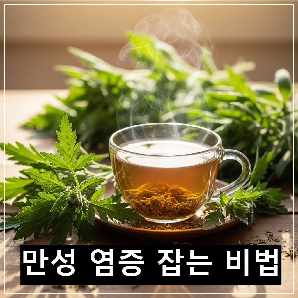 따뜻한 햇살 아래 놓인 쑥차 한 잔과 신선한 쑥 잎의 모습