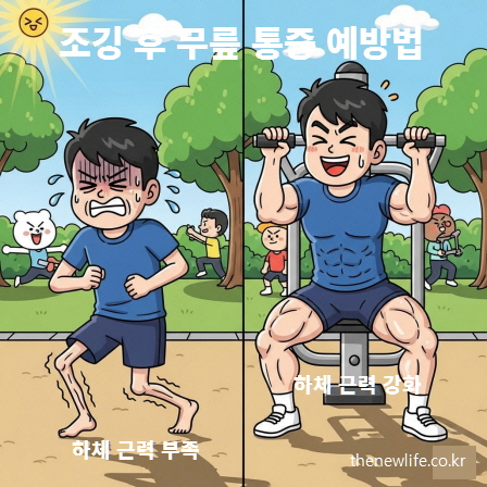 하체 근력 부족으로 힘들어하는 러너와 하체 근력 강화 운동으로 무릎 통증을 예방하는 러너 비교 일러스트