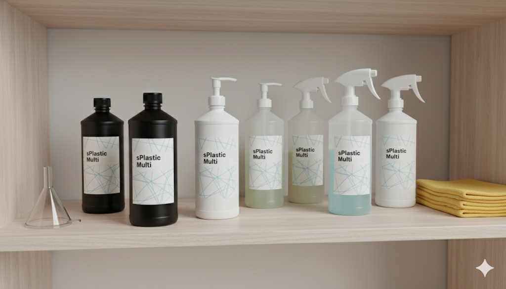 다용도실 선반에 깔끔하게 정리된 s1000 용기들. 블랙, 화이트, 반투명 HDPE 용기가 펌프, 스프레이 등 다양한 캡과 결합되어 있다