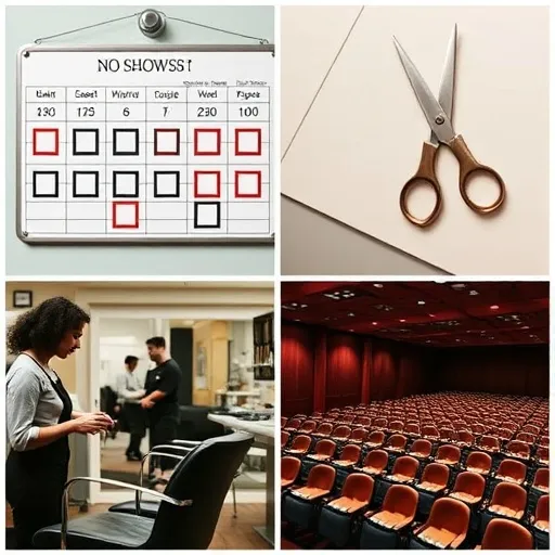 병원 예약판의 빈칸, 미용실에서 가위를 들고 손님을 기다리는 디자이너, 텅 빈 공연장 좌석 등 여러 장면을 콜라주 형식으로 담아 다양한 업종의 노쇼 피해를 한눈에 보여줍니다.