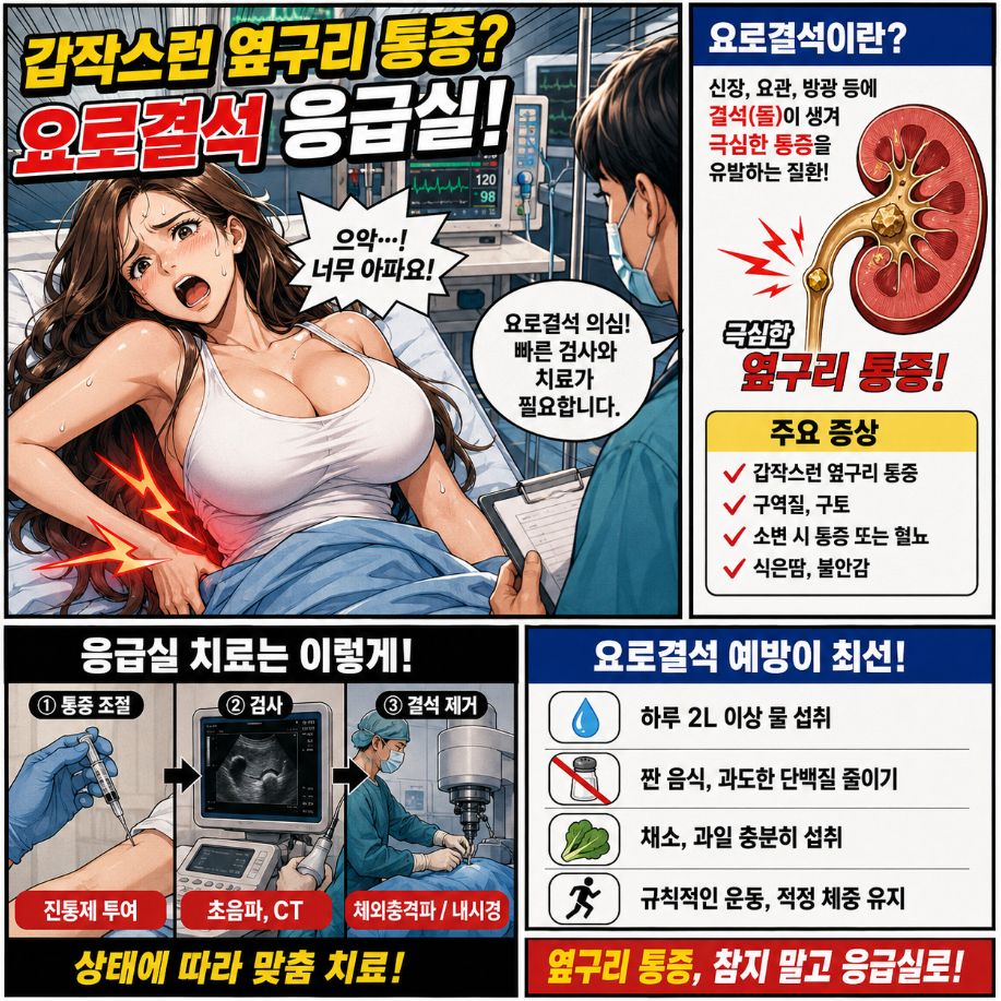 요로결석으로 응급실 치료를 받는 환자와 전문의가 결석 증상, 검사, 치료, 예방 기준을 설명하는 옛날 만화 스타일 의료 인포그래픽
