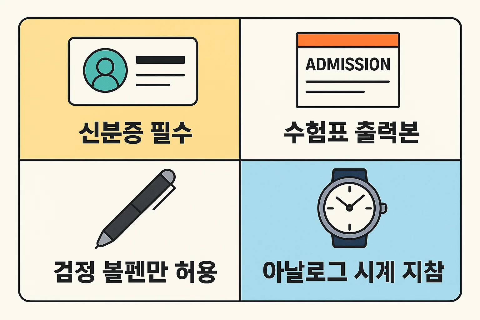 신분증, 수험표, 검정 볼펜, 아날로그 시계 등 공인중개사 시험 당일 꼭 챙겨야 하는 필수 준비물을 정리한 인포그래픽