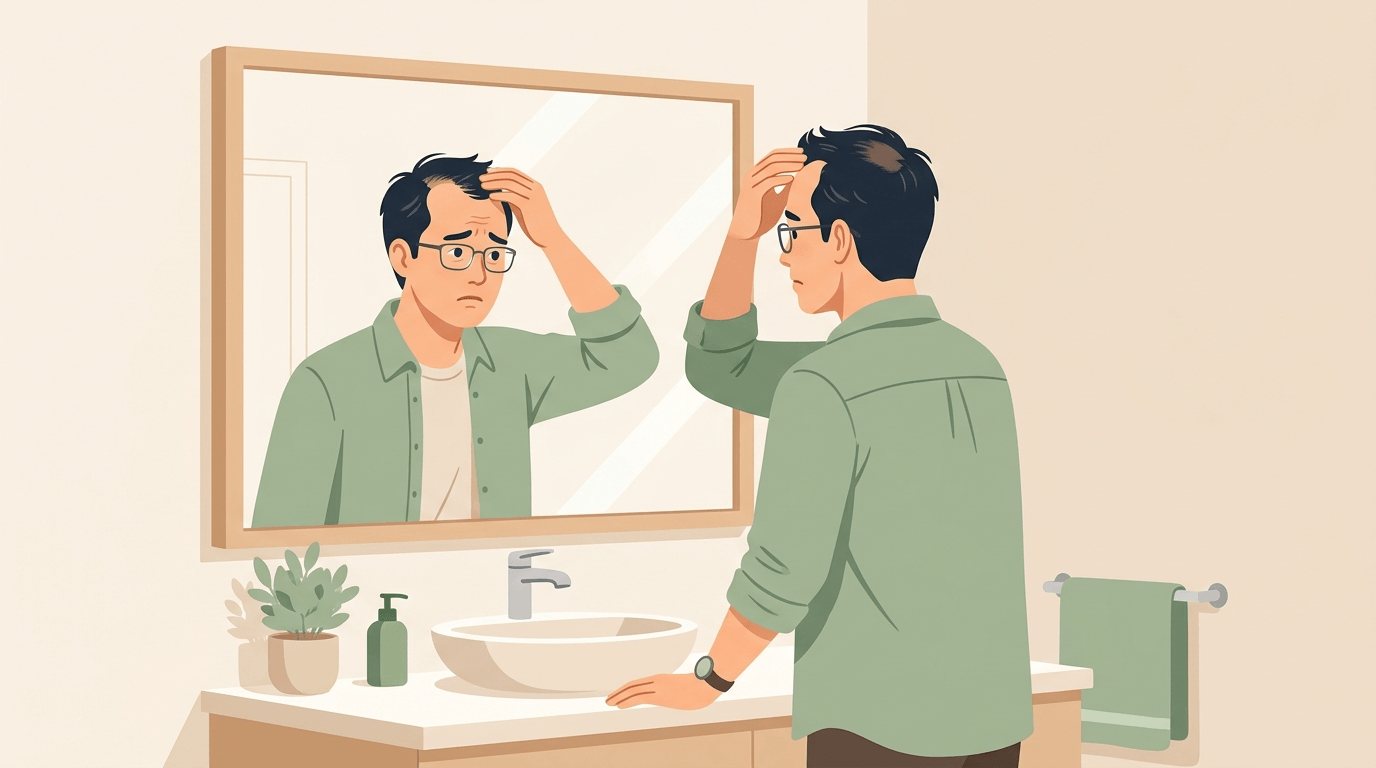 샤워 후 배수구 앞에서 머리카락을 보며 고민하는 남성 일러스트