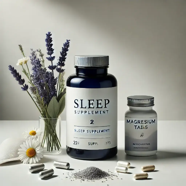 숙면 영양제 연출 컷 &ndash; 네이비 병과 허브 소품이 어우러진 프리미엄 제품 이미지