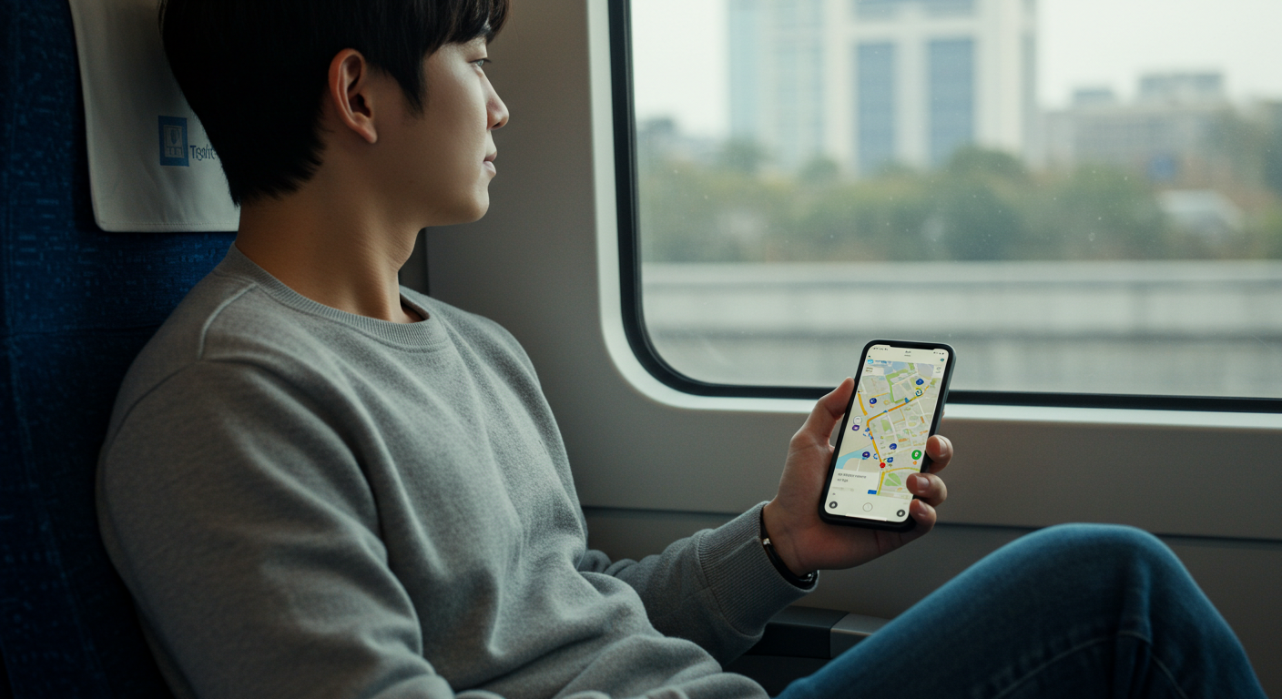 KTX 열차 안에서 스마트폰 지도 앱을 보는 한국인 여행객