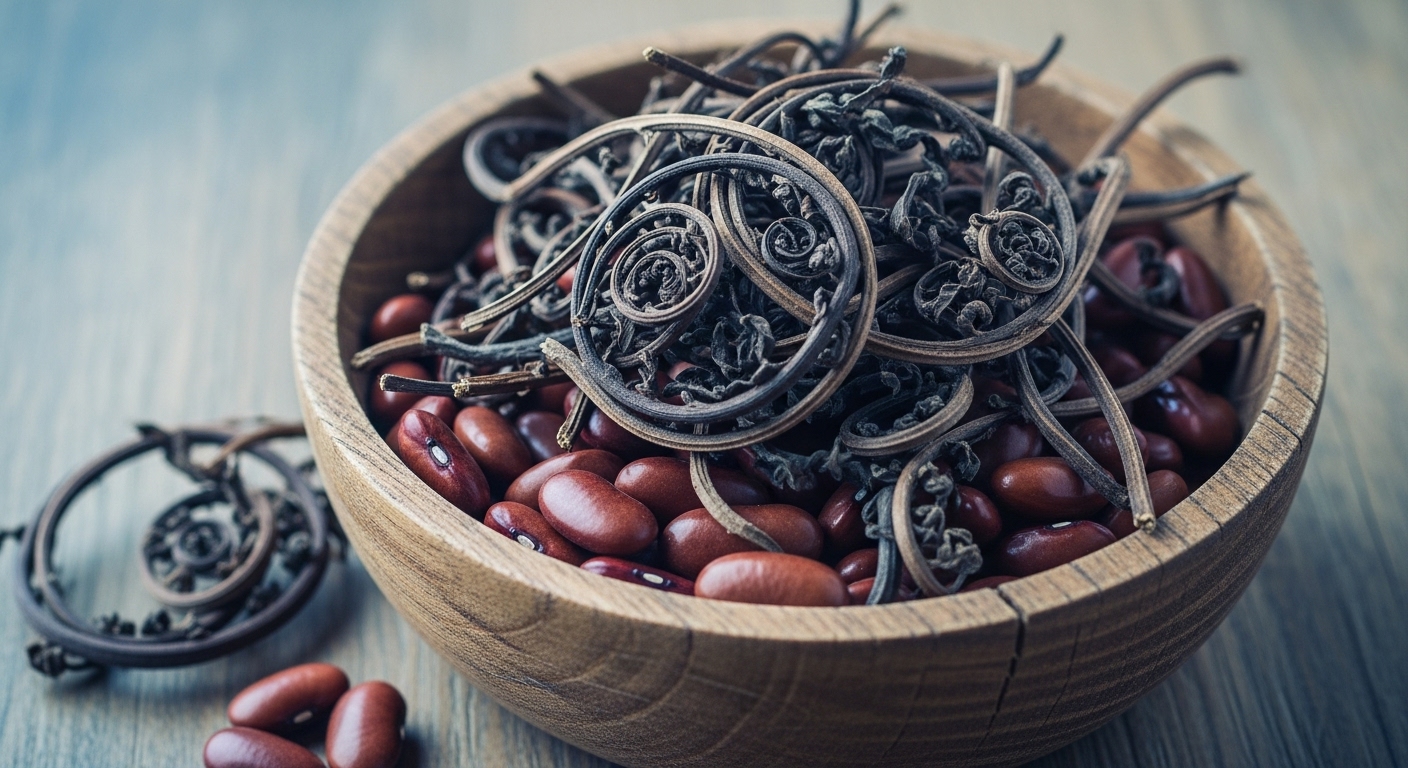마른 고사리와 강낭콩이 담긴 나무 그릇, 전통 식재료의 질감이 돋보이는 클로즈업 이미지