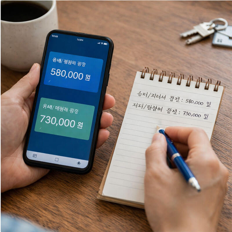 스마트폰 뱅킹 화면과 메모장을 보며 월세와 생활비를 나눠 관리하는 생활 장면