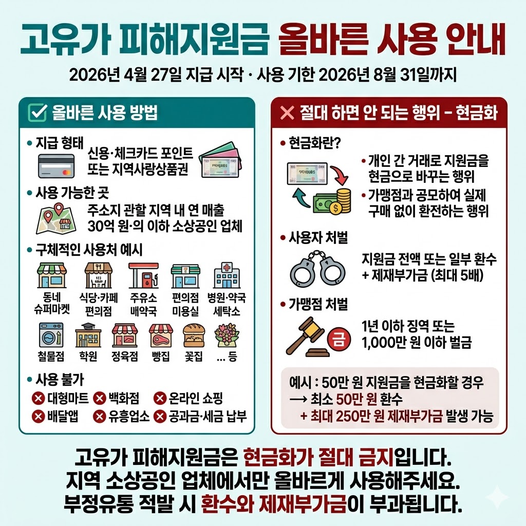 고유가 피해지원금 사용 안내 및 주의사항” 큰 제목 배치. 좌측 청록색 박스에 정상 사용 방법(신용·체크카드 포인트 또는 지역사랑상품권, 주소지 내 연 매출 30억 원 이하 소상공인 업체, 사용 예시: 동네 슈퍼·식당·주유소·약국·미용실 등, 사용 기한 2026.8.31까지). 우측 빨간색 박스에 부정 행위 경고(현금화 시 지원금 환수 + 제재부가금 최대 5배, 가맹점 처벌 1년 이하 징역 또는 1,000만 원 이하 벌금). 하단에 큰 경고 문구 “현금화는 절대 금지! 본래 목적에 맞게 소상공인 업체에서만 사용해주세요”와 “2026.4.27 지급 시작” 표시