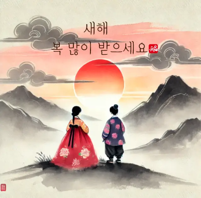 해-한복-입은-남녀-아이-수묵담채화