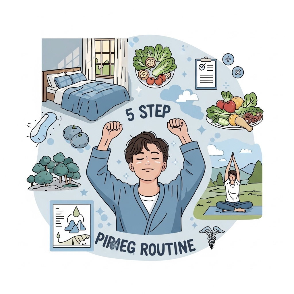 활기찬 표정의 사람이 건강한 수면, 영양, 운동, 스트레스 관리, 전문가 도움을 통해 만성 피로를 극복하고 에너지를 되찾는 모습