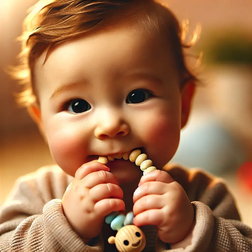 첫 이가 나는 아기가 치발기를 물고 있는 사진