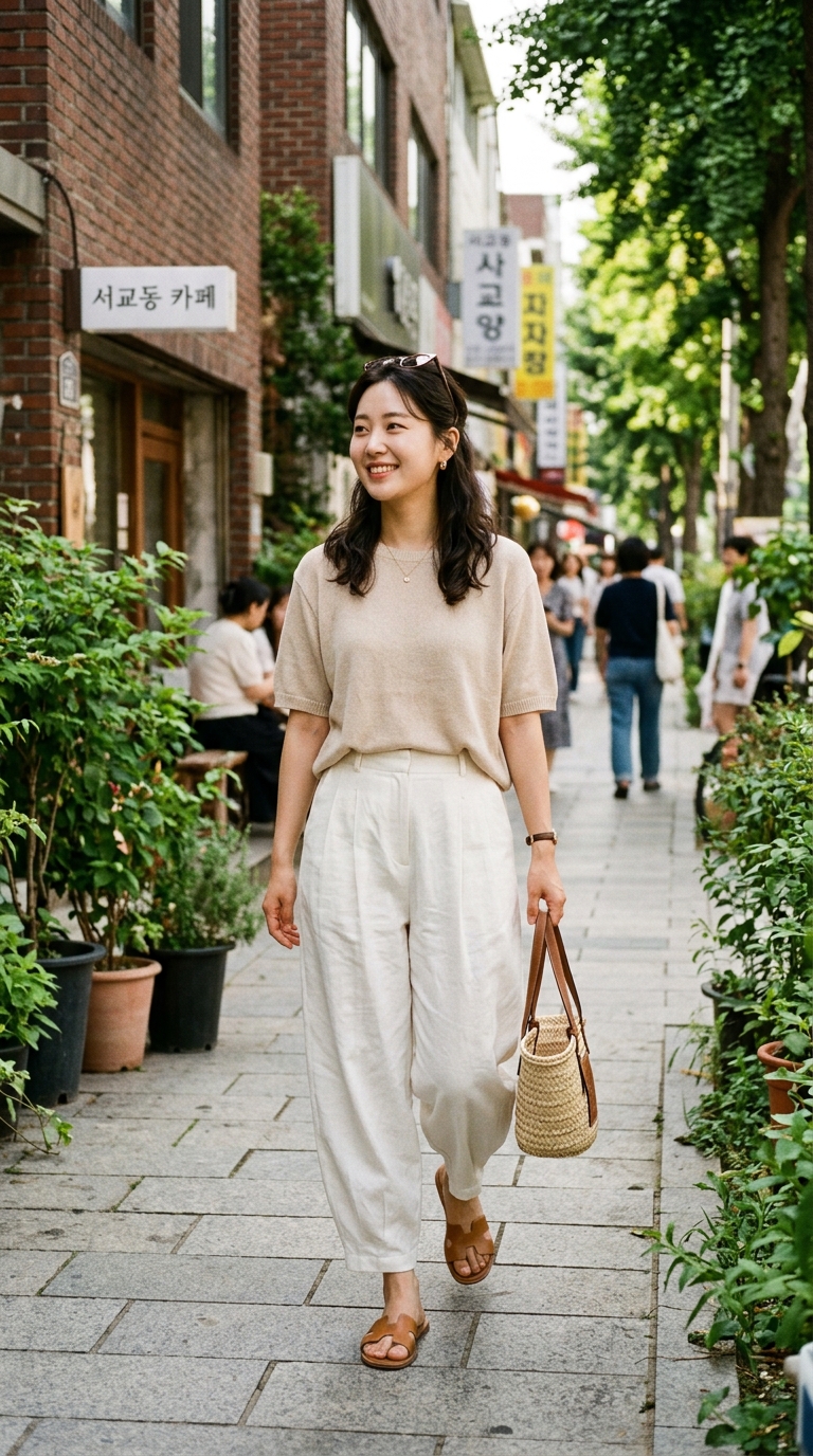 풍성한 볼륨감이 돋보이는 화이트 색상의 벌룬 팬츠 스타일링 이미지