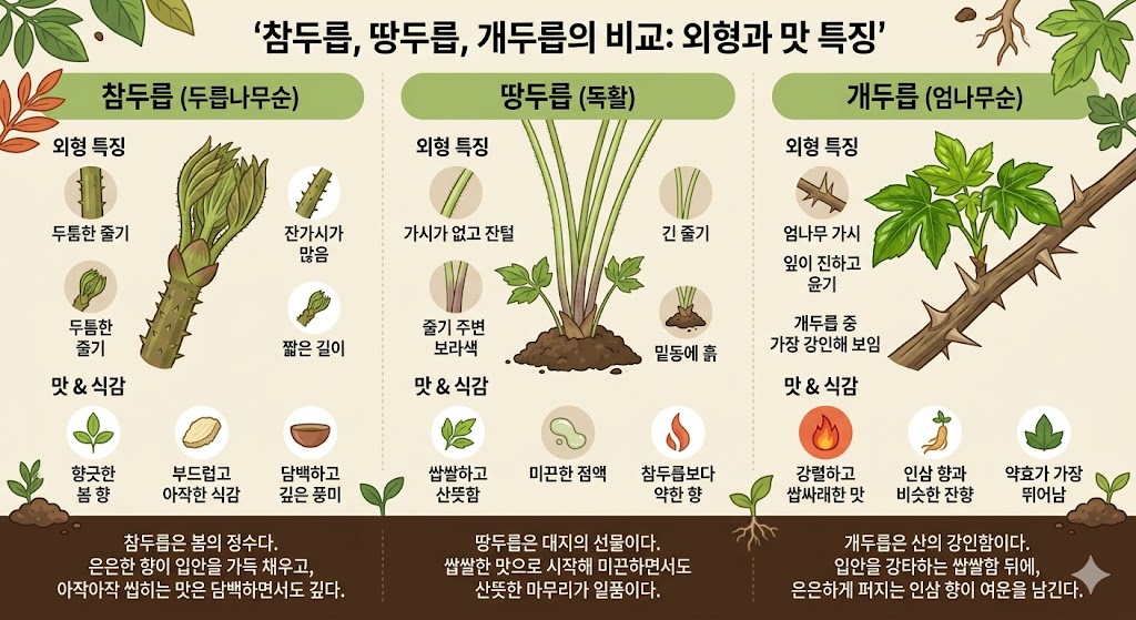 모양과 맛, 효능이 각기 다른 두릅 3종 비교.","filename":"두릅의 외형적 차이와 특징을 비교