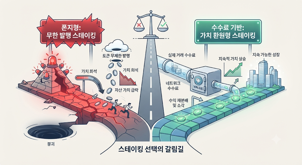 폰지성 인플레이션 스테이킹과 진짜 가치 환원형 스테이킹의 구조 비교 인포그래픽