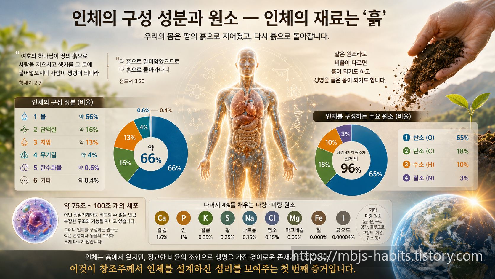 인체의 구성 성분과 원소 비율을 보여주는 인포그래픽 &mdash; 물 66%, 단백질 16%, 지방 13%, 무기질 4%, 탄수화물 0.6%, 기타 0.4%로 이루어진 구성 성분 도넛차트와, 산소 65%, 탄소 18%, 수소 10%, 질소 3%로 인체의 96%를 차지하는 4대 원소 도넛차트, 나머지 4%를 채우는 칼슘&middot;인&middot;칼륨&middot;황&middot;나트륨&middot;염소&middot;마그네슘&middot;철&middot;요오드 등 미량원소 목록, 창세기 2:7과 전도서 3:20 말씀 인용이 함께 담겨 있다.