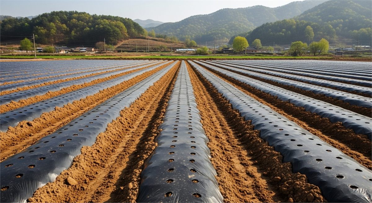 땅콩 파종을 앞두고 고랑과 두둑이 준비된 봄철 밭 전경