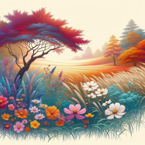 단풍나무, 국화, 코스모스, 억새,가 들판에 어울리게 있다.