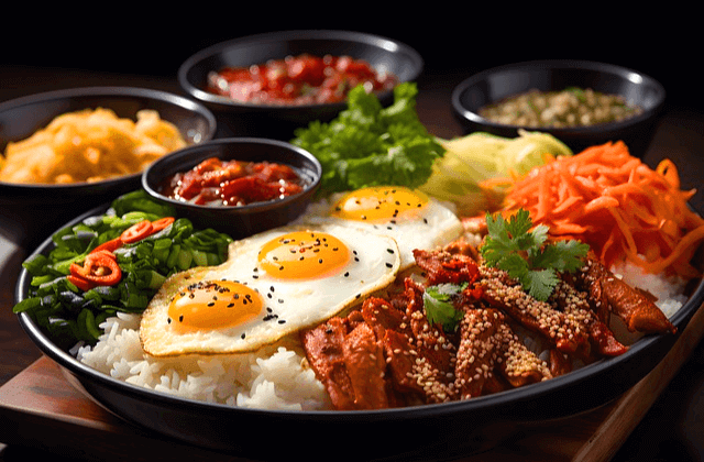 검정색 둥그런 접시에 하얀 밥과 3개의 달걀프라이, 제육볶음, 당근볶음, 녹색야채볶음이 가득하다.