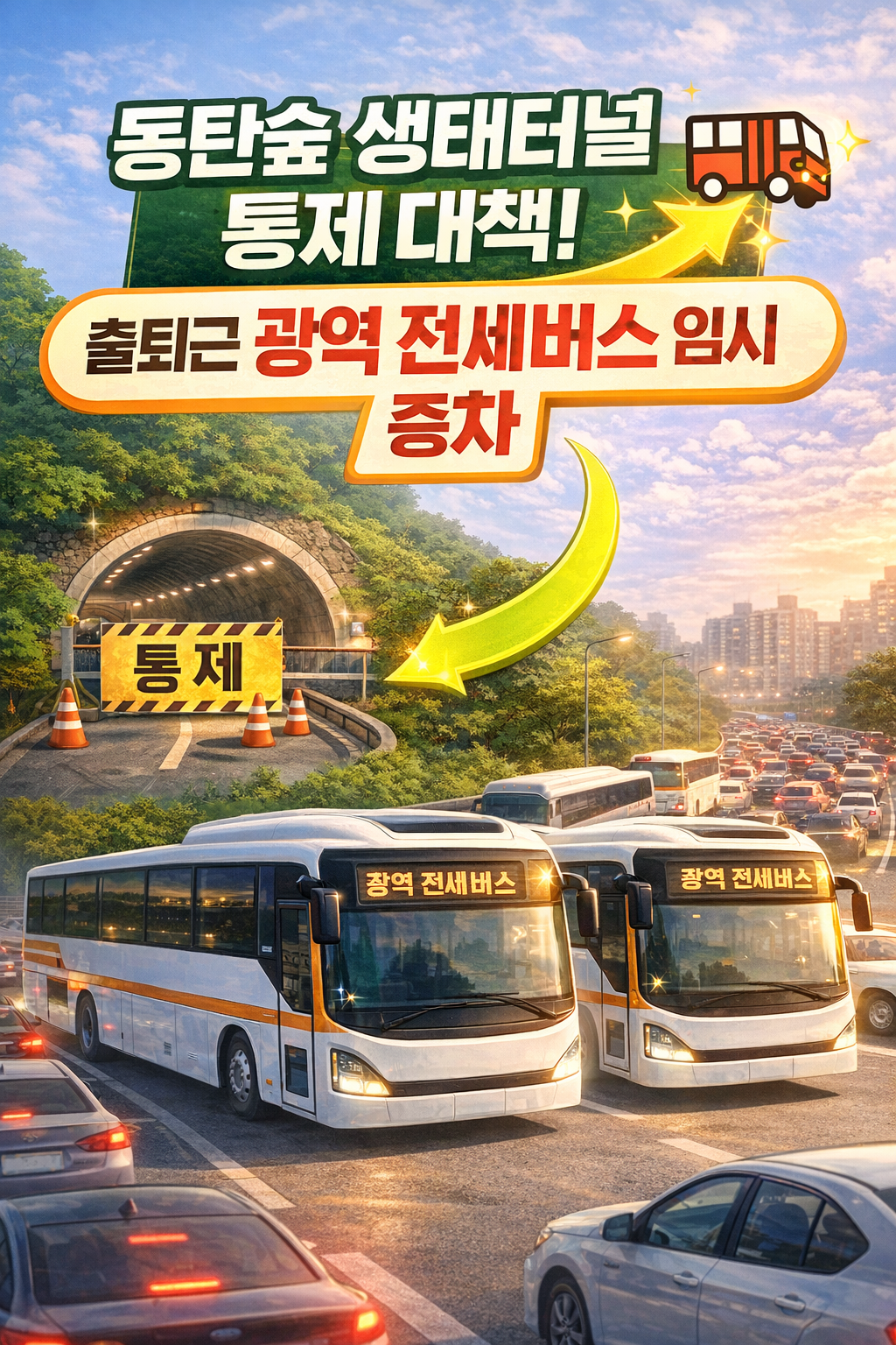 동탄숲 생태터널 통제로 인한 출퇴근 교통 대책과 광역 전세버스 임시 증차를 안내하는 이미지