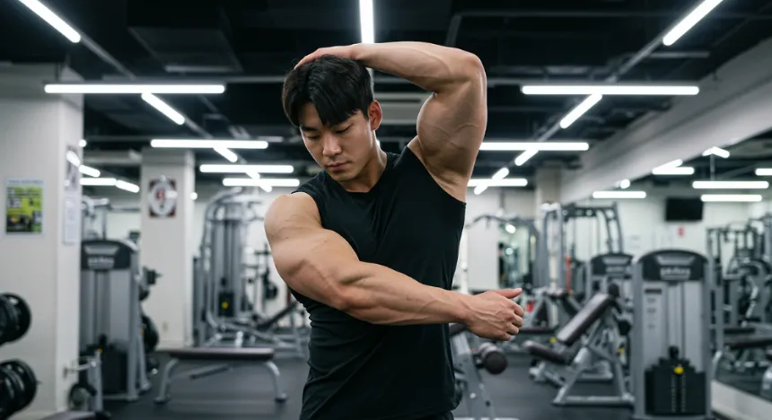 검은 민소매를 입은 근육질 남성이 헬스장에서 스트레칭하며 삼두근을 강조하는 장면
