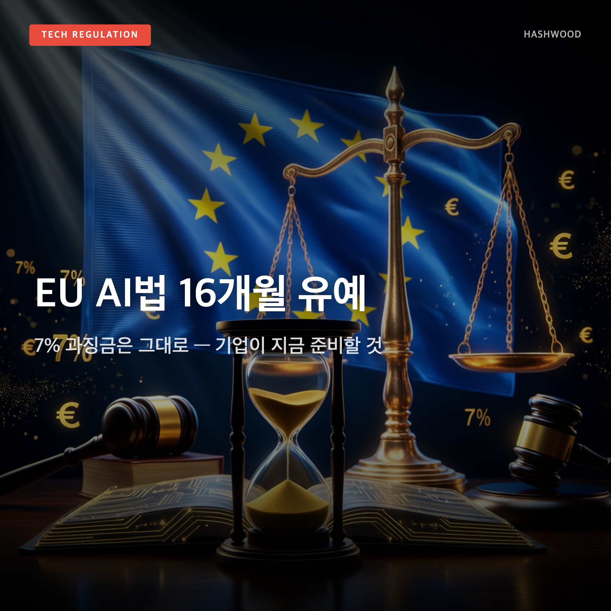 그림: EU AI법 16개월 유예 — — 7% 과징금은 그대로, 기업이 지금 준비할 것