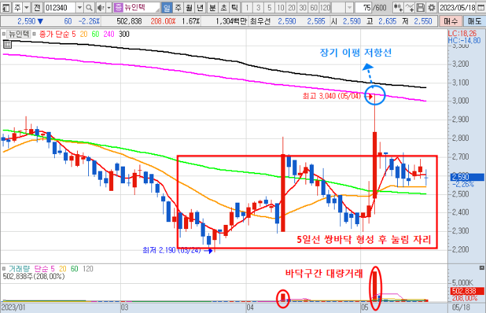 5월 18일 뉴인텍 주가 일봉 차트 분석
