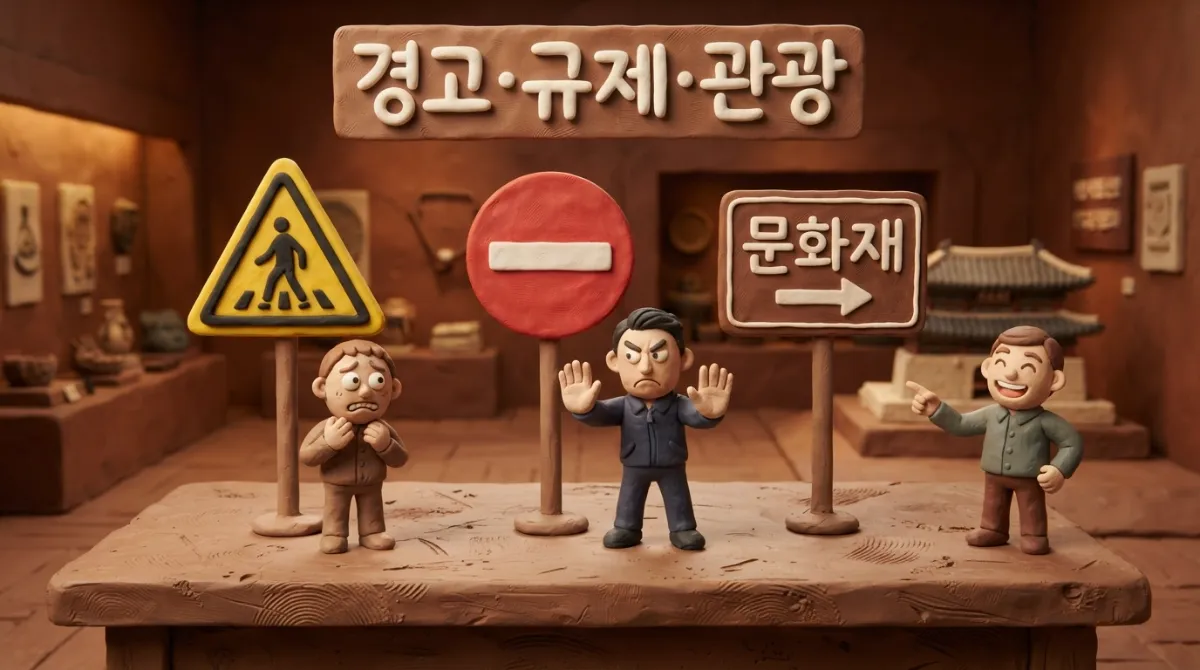 점토 박물관 전시대에 나란히 놓인 황색 경고 표지판과 적색 규제 표지판 및 갈색 관광 표지판 앞에 각각 다른 표정으로 포즈한 세 클레이 인형의 따뜻한 아드만 스톱모션