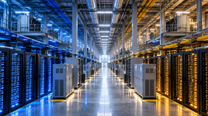 Hyperscale data center aisle with server racks, cooling units and overhead power infrastructure