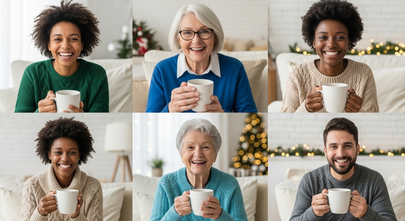 화상 통화로 함께 연말 모임을 즐기며 활짝 웃는 다양한 사람들의 모습.