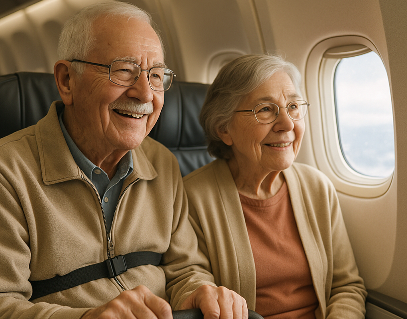 비행기를 편안히 이용하는 시니어 부부