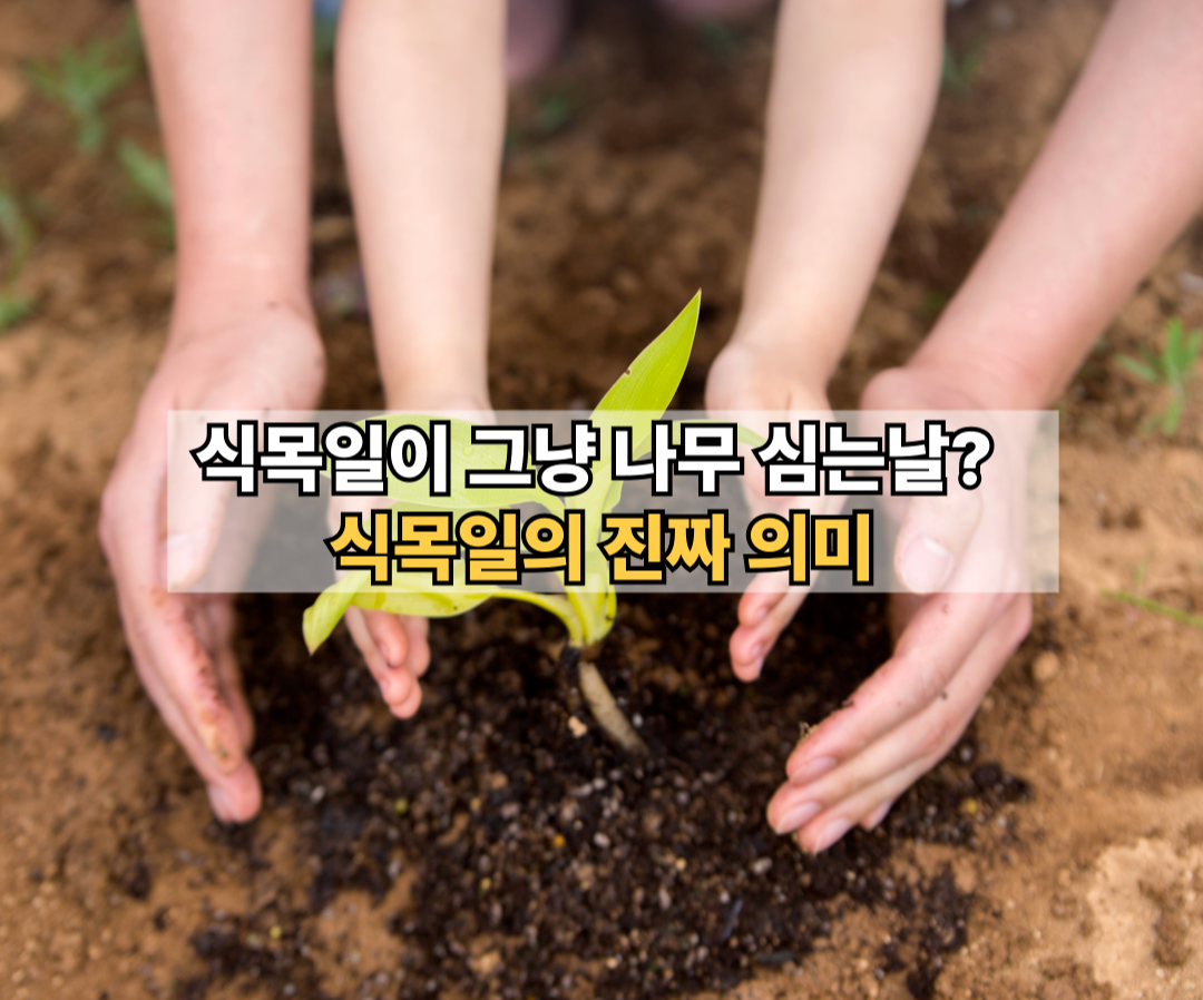 식목일의 의미를 설명하는 썸네일 이미지로, 아이와 어른이 함께 새싹을 심는 모습이 강조됨