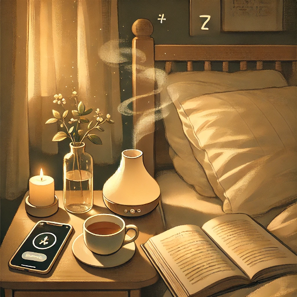 수면 루틴을 상징하는 디지털 일러스트 – 아늑한 침실과 허브차, 조명, 디퓨저 등 수면 환경 연출
