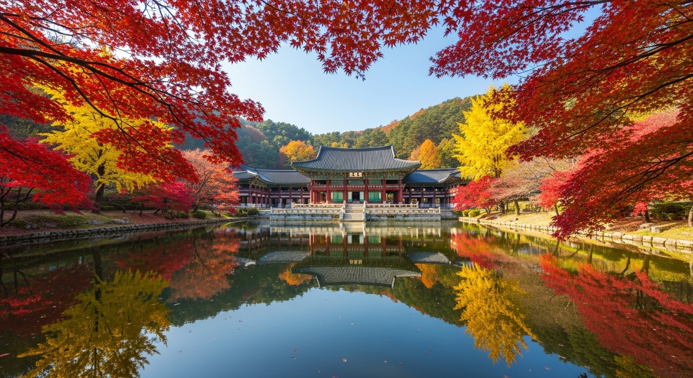 2025년 가을, 고즈넉한 사찰 건물이 황홀한 단풍과 함께 연못에 아름답게 반영된 풍경. 고요하고 평화로운 분위기.