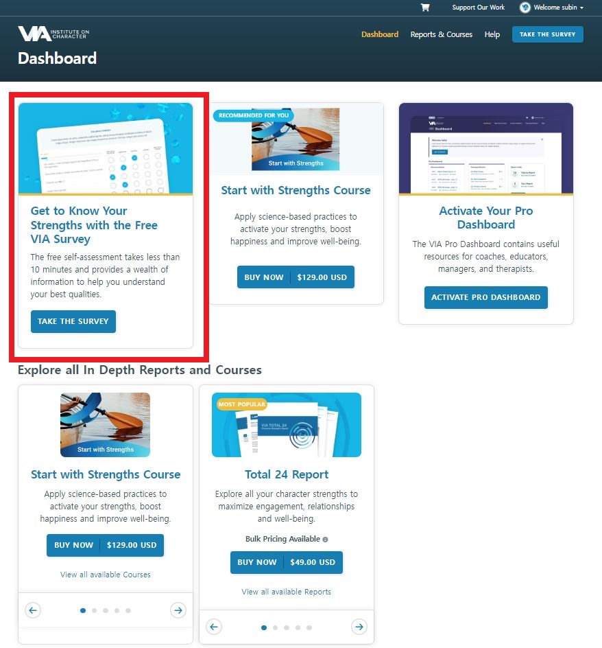 the test in the www.viacharacter.org for strengths