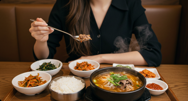 소고기 육개장을 맛있게 먹고 있는 이미지