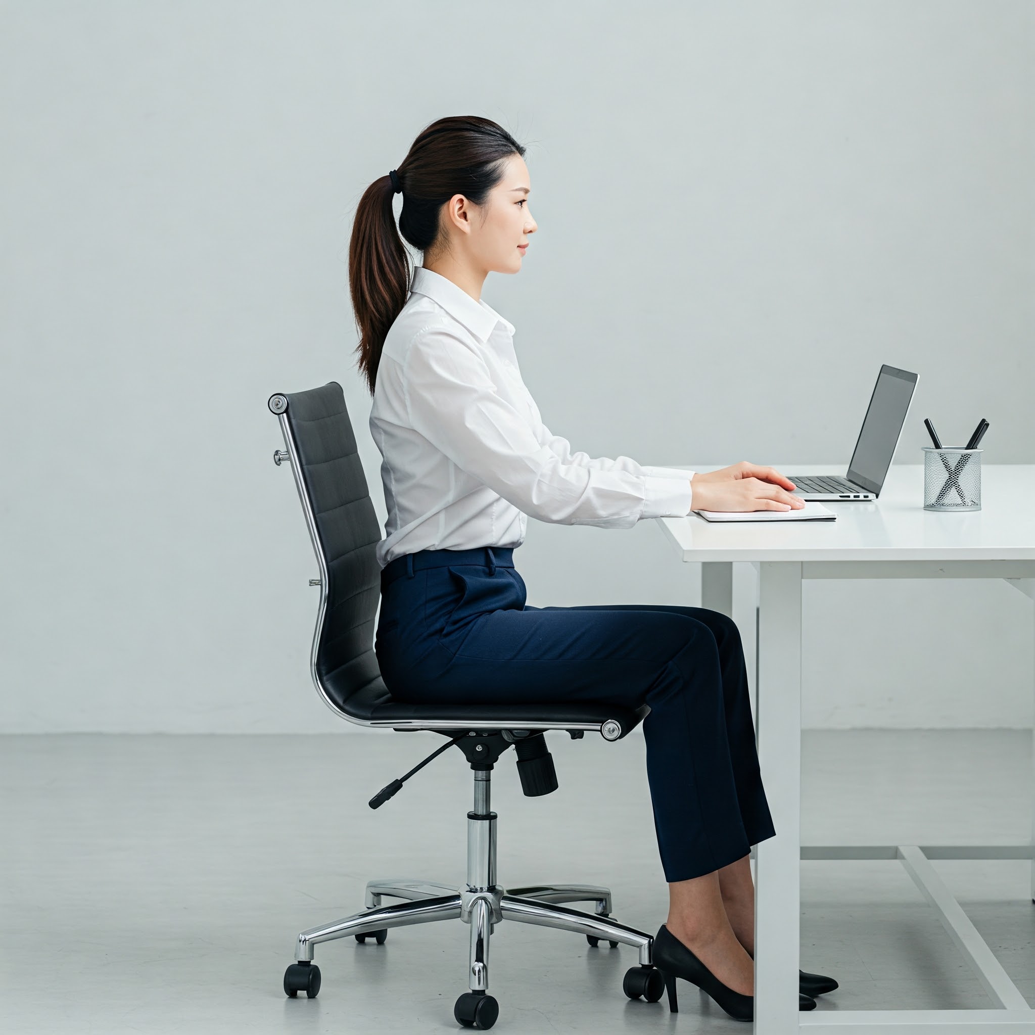 허리를 펴고 바른자세로 의자에 앉아있는 여성